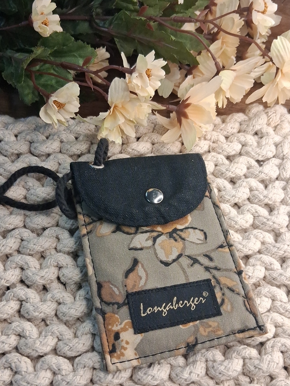 Longaberger Olive Floral Canvas Lanyard Card Holder with Black Flap